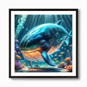 Underwater View Of A Huge Fantastical Glowing Transparent Glass Whale Swimming In The Ocean Art Print