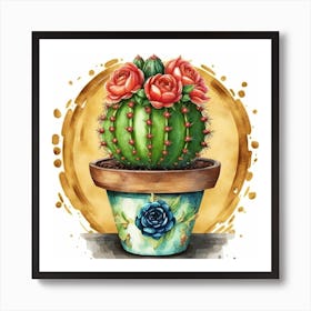 Cactus With Roses In A Pot Art Print