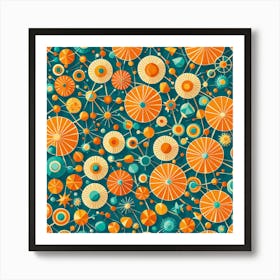 A Vibrant Retro Futuristic Seamless Pattern Featuring Stylized Atoms Starbursts And Geometric Shapes, 200 Art Print