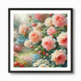 Roses In The Garden, Acrylic Style Painting 3 Art Print