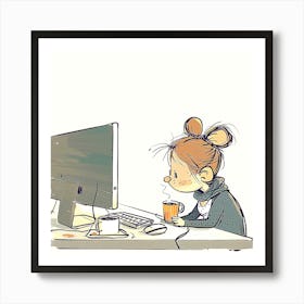 Little Girl Working On Computer Art Print