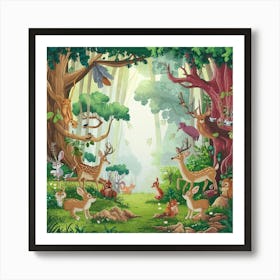 Cartoon Forest With Animals Art Print