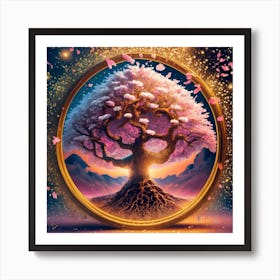 Blooming Whitepinkgolden Sakura Tree Of Life I Art Print