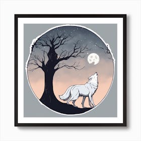 Sticker Art Design, Tree Howling To A Full Moon, Kawaii Illustration, White Background, Flat Colors, 1 Art Print