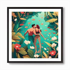 Illustration Of A Couple In The Water Art Print