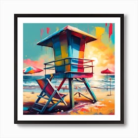 Lifeguard Tower Floating Umbrellas And The Parade Of Beachgoers Art Print