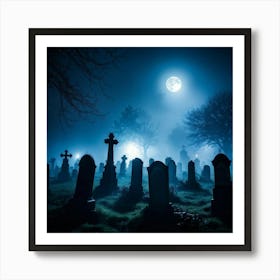 Cemetery Scene On A Halloween Night With Fog And Ghostly Silhouettes Against The Night Sky Haunted (2) Art Print