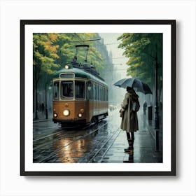 Vintage Tram Urban Scene—a nostalgic image featuring a classic tram on wet city tracks, complemented by an autumnal urban backdrop and a solitary figure with an umbrella Art Print