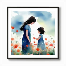 Mother And Daughter In The Field Art Print