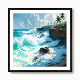 Massive Waves Crashing Into Rocks On Tropical Beach Art Print