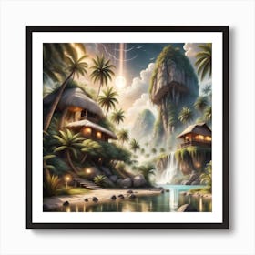 Tropical Landscape With Palm Trees And Waterfall Art Print