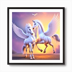 Two White Horses At Sunset Art Print