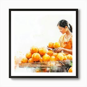 Market in Asia - Asian Woman Selling Oranges Poster