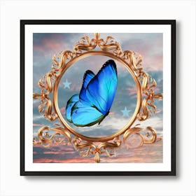 Mariposa Azul Marco Dorado Art Print