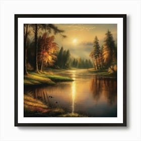 Autumn Lake,Forest Lake, Vintage Oil Painting, Farmhouse Wall Decorations, Antique Landscape, Vintage Landscape Oil Painting.4 3 Art Print