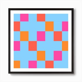 Checker Blue Pink Orange Square Art Print