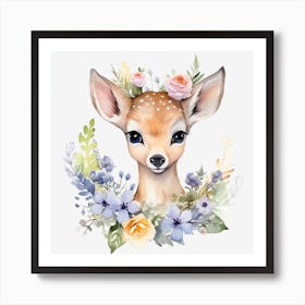 Cute Fawn With Flowers Art Print