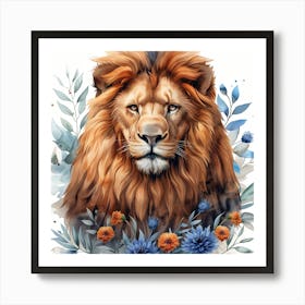 Lena1987 A Watercolor Illustration Of A Lion With Flowers In 3 Art Print