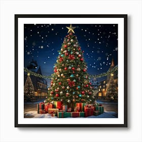 An Ultra Realistic Portrayal Of A Cheerfully Adorned Three Dimensional Pine Tree Its Evergreen Leav Art Print