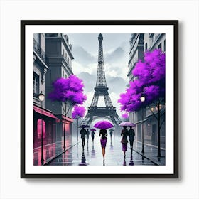 Purple Themed Street Scene With The Eiffel Tower In The Background And People Carrying Purple Umbrellas Art Print