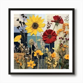 Sunflowers, Produce An Eclectic Collage Combining Calligraphy Textured Paint Swatches And Cut Out Elements Art Print