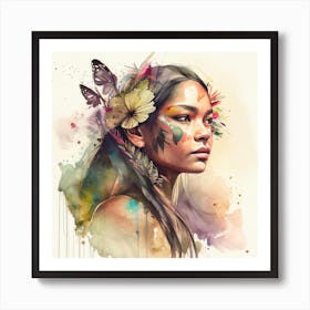 Watercolor Floral Indian Native Woman #2 Art Print