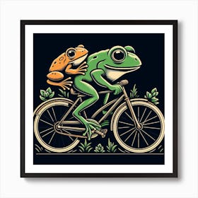 Frog And Frog Riding Bicycle Art Print