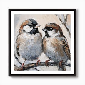 Firefly A Modern Illustration Of 2 Beautiful Sparrows Together In Neutral Colors Of Taupe, Gray, Tan (49) Art Print