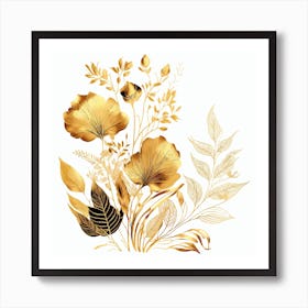Gold Flowers Watercolor Abstract Art Print