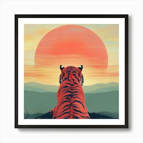 Tiger Admiring Sunset Over Coral Sun With Colorful Sky Art Print