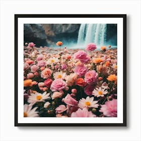 Pink Flowers In Front Of Waterfall 1 Art Print