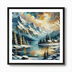 Montain lac oil painting abstract painting art 17 Art Print