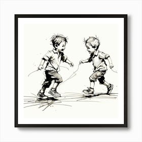 Single Line Drawings Of The Small Boys Playing Design,Two Boys Art Print