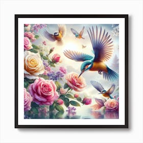 Birds Flying Over Roses Art Print