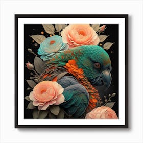 Parrot With Roses 1 Art Print