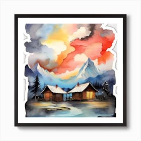 Abstract painting of a mountain village with snow falling 5 Art Print