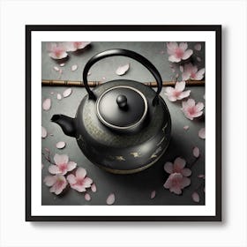 Firefly A Minimalistic Modern Rustic Beautiful Japanese Cast Iron Teapot, Illustration, A Few Sakura (5) Art Print