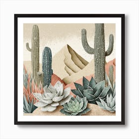 Firefly Modern Abstract Beautiful Lush Cactus And Succulent Garden In Neutral Muted Colors Of Tan, G (19) Art Print