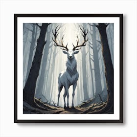 A White Stag In A Fog Forest In Minimalist Style Square Composition 26 Art Print