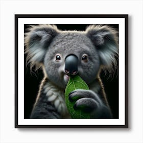 Cute Koala chewing on leaf portrait isolated on black background 1 Art Print