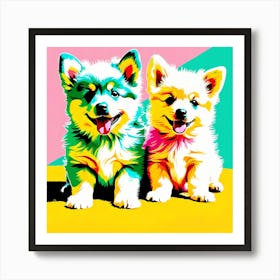 'American Eskimo Dog Pups' , This Contemporary art brings POP Art and Flat Vector Art Together, Colorful, Home Decor, Kids Room Decor,  Animal Art, Puppy Bank - 21st Art Print