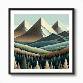 "Textured Tranquility"   Crisp mountain peaks ascend above a textured forest, each layer detailed with tactile precision. The artwork's rich tapestry of patterns and earthy tones conveys the serene grandeur of a timeless landscape. This piece is a celebration of nature's depth and diversity, offering a visually stunning retreat into the wilderness for any viewer. Art Print