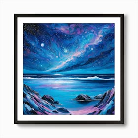 Sea Stars Night Nature Ocean Sky Space Galaxy Night Sky Universe Cosmos Astronomy Moon Digital Art Blue Art Print