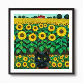 Gustav Klimt Inspired , Farm Garden With Sunflowers And A Black Cat 5 Art Print