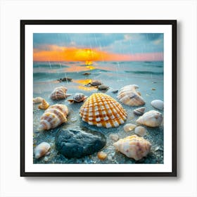 Seashells On Sand Under Sunset With Gentle Rain 1 Art Print