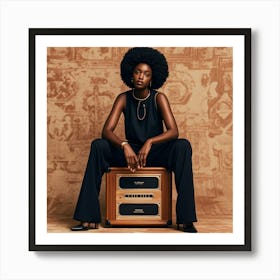 A Studio Portrait Featuring A Woman With Dark Skin And An Afro Hairstyle, Seated Atop A Large Wooden 1 Art Print