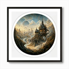 Steampunk Fantasy Landscape Sticker Art Print