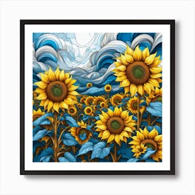 Sunflower harmony in yellow and blue Art Print