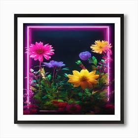 Neon Flowers In A Frame Art Print