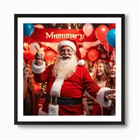 A Festive Christmas Scene With A Cheerful Man Dressed As Santa Claus Holding A Sign Fingers Pointin (6) Art Print